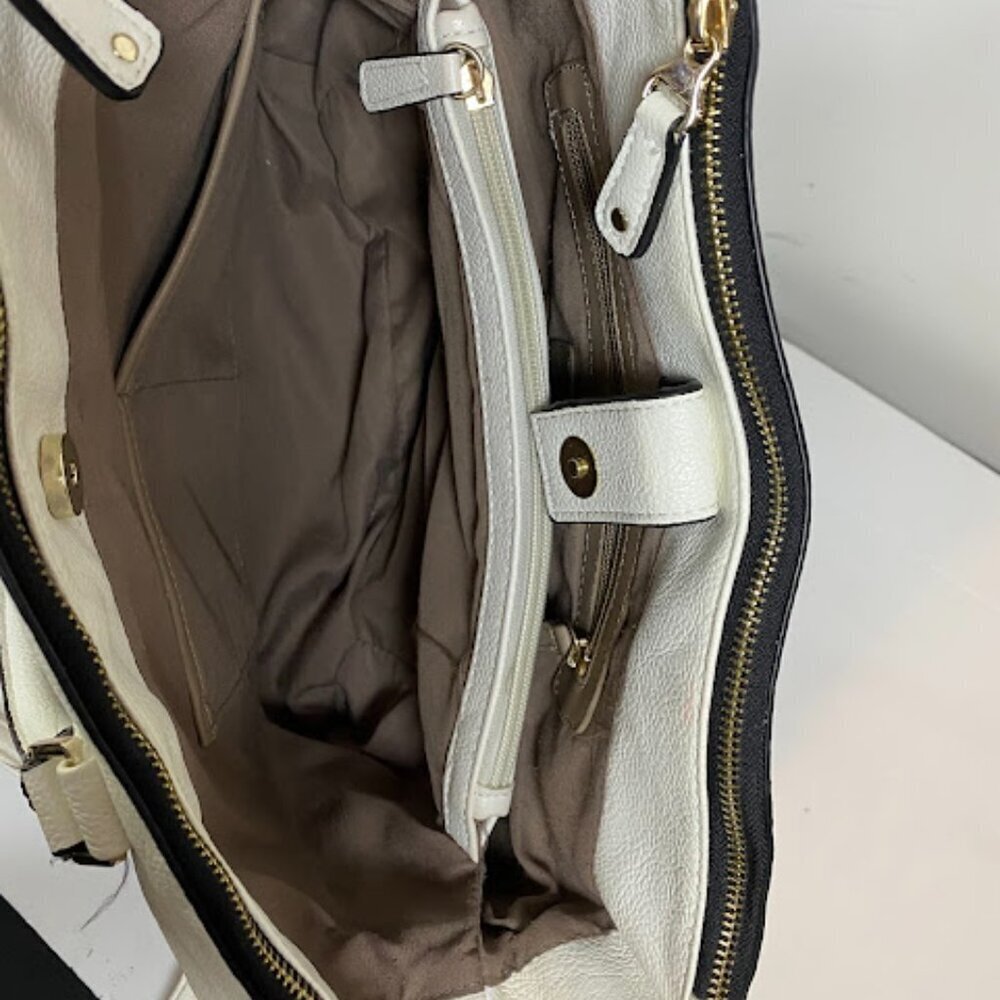 Two-Tone Women's White Black Leather Satchel Tote Bag Large - Picture 9 of 11
